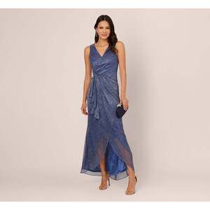 Adrianna Papell Metallic Mesh Faux Wrap Gown With Ruffle Accents In Light Navy S